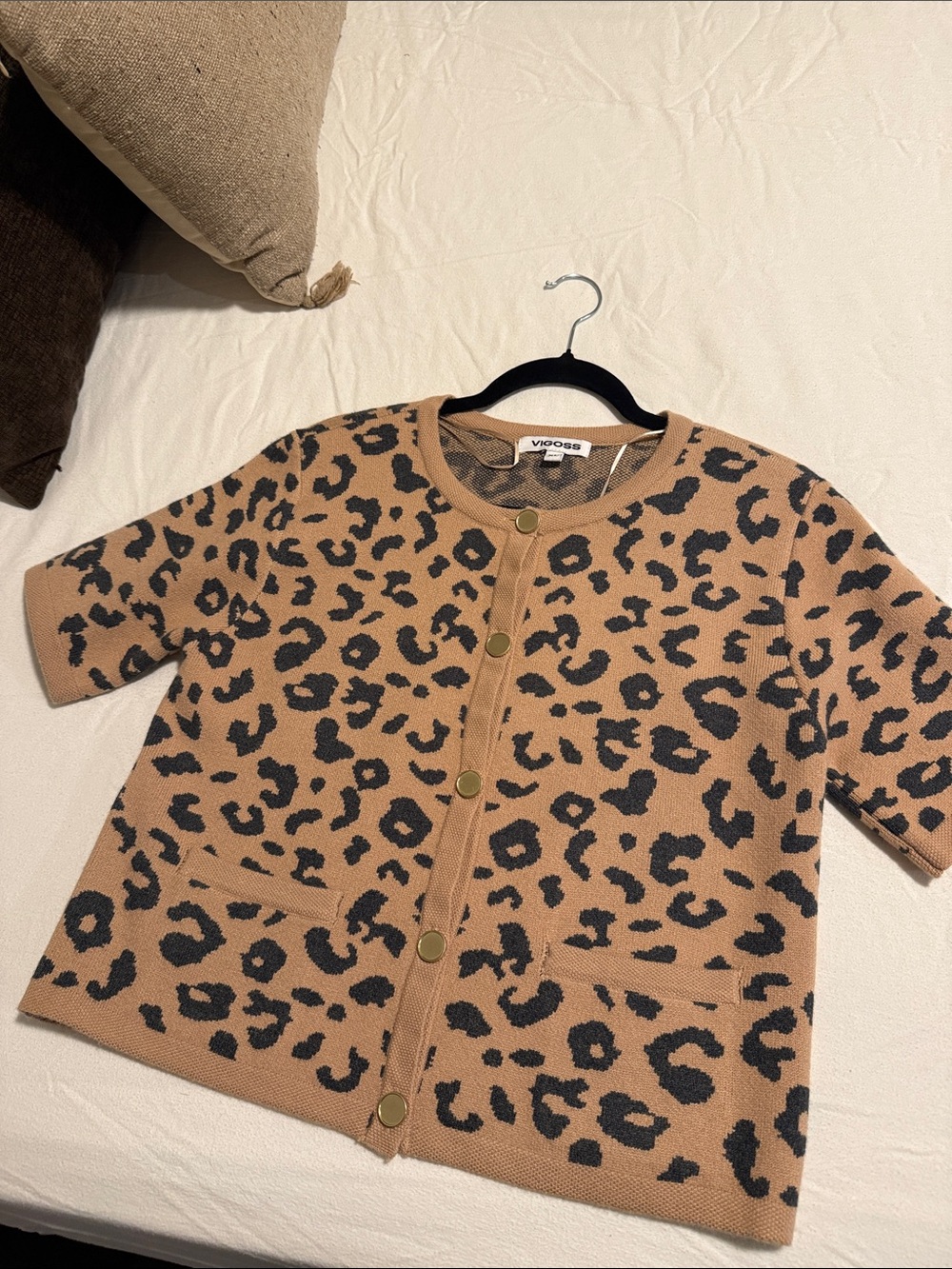 Vigoss Tan & Black Leopard Print Short Sleeve Cardigan